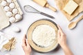 Hand sift flour. Bakery prepare for make cake. Top view Royalty Free Stock Photo