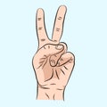 Hand sign victory sign or peace sign or scissors. color illustration isolated on blue background. For web, poster, info