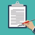 Hand signing document. Man writing on paper contract documents vector illustration Royalty Free Stock Photo