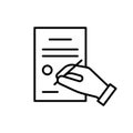 Hand signing document with signature, line icon. Paper agreement, service work. Vector
