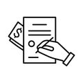 Hand signing document with signature with money bribe, line icon. Pay paper agreement, service work. Vector