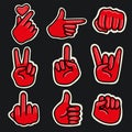 Hand signs, fist, insulted, heart, pointing finger, rock horns, approval, victory, in red colors. Amazing stickers Illustration