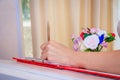 Hand signs in the registry office. Painting in the registry office. Marriage Union of loving people. New family Royalty Free Stock Photo