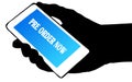 Hand silhouette holding phone with PRE ORDER NOW text.