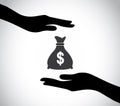 Hand silhouette protecting dollar money bag exchange concept Royalty Free Stock Photo