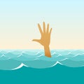 Hand of a sinking man in the midst of waves