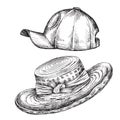 Hand sketch. Element for a picnic-style Doodle on a white background. Set of Summer hats and cap a woman`s hat.