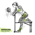 Hand sketch of a girl is training with dumbbells. Vector sport illustration. Royalty Free Stock Photo