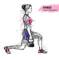 Hand sketch of a girl is training with weight. Vector sport illustration. Royalty Free Stock Photo