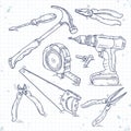 Hand sketch icons set of carpentry tools, a saw, pliers, screwdriver and tape measure