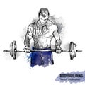 Hand sketch of a man with a barbell. Vector sport illustration.