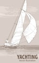 Hand sketch of the man on sailing boat on the sea. Vector sport illustration. Graphic silhouette of yacht on background Royalty Free Stock Photo