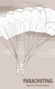 Hand sketch of parachuting athlete. Vector sport illustration. Graphic silhouette of the man with a parachute on