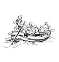 Hand sketch of people on a raft