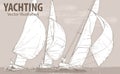 Hand sketch of sailing yachts regatta. Races in the sea. Vector sport illustration. Graphic silhouette of yachts on