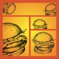 Hand sketch. Set of business formats with images for a picnic in the style of Doodle. Hamburger, street food.