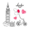 Hand sketch World famous landmark collection : Big Ben London, England, bike, balloons Royalty Free Stock Photo
