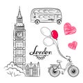 Hand sketch World famous landmark collection : Big Ben London, England, bike, balloons Royalty Free Stock Photo