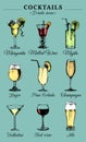 Hand sketched alcoholic beverages and cocktails glasses. Vector drinks color illustrations set, pina colada,red wine etc
