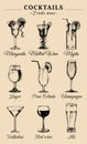 Hand sketched alcoholic beverages and cocktails glasses. Vector drinks color illustrations set, pina colada,red wine etc Royalty Free Stock Photo
