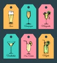 Hand sketched alcoholic cocktails glasses tags. Vector drinks illustrations set of pina colada, margarita, mojito etc.