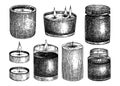 Hand-sketched aromatic candles collection. Vector illustrations of burning tallow, wax, paraffin candles. For aromatherapy, hygge