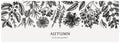 Hand-sketched autumn banner. Elegant botanical design with autumn leaves, berries, flowers sketches. Perfect for invitation, cards