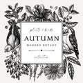 Hand sketched autumn retro design with birds. Elegant botanical square template with autumn leaves, berries, flowers and birds