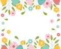 Hand sketched background, vector illustration for Easter. Borders with leaves, eggs and flowers for greeting card