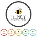 Hand sketched bee honey logo. Set icons in color circle buttons Royalty Free Stock Photo