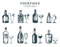 Hand sketched bottles and glasses of alcoholic beverages. Vector set of drinks,cocktails drawings. Restaurant,cafe menu. Royalty Free Stock Photo