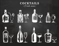 Hand sketched bottles and glasses of alcoholic beverages. Vector set of drinks,cocktails drawings. Restaurant,cafe menu. Royalty Free Stock Photo