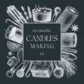 Hand sketched candle-making card design on chalkboard. Vintage candles, herbs, wax, spices, skewers hand drawings square wreath.