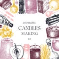 Hand sketched candle-making card design. Vintage candles, herbs, wax, fruits, spices, skewers hand drawings frame. Perfect square