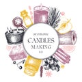 Hand sketched candle-making card design. Vintage candles, herbs, wax, fruits, spices, skewers hand drawings round wreath. Perfect