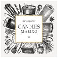 Hand sketched candle-making card design. Vintage candles, herbs, wax, fruits, spices, skewers hand drawings square wreath. Perfect