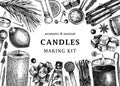 Hand sketched candles ingredients banner. Vintage candles, herbs, wax, fruits, spices, skewers hand drawings background. Perfect