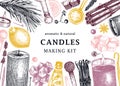 Hand sketched candles ingredients banner. Vintage candles, herbs, wax, fruits, spices, skewers hand drawings background. Perfect