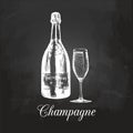 Hand sketched champagne bottle and glass. Vintage vector illustration of sparkling wine set on chalkboard for cafe menu. Royalty Free Stock Photo