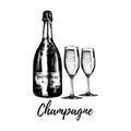 Hand sketched champagne bottle and two glasses. Vintage vector illustration of sparkling wine set for cafe, bar menu. Royalty Free Stock Photo