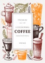 Hand-sketched coffee banner template in color. Vector sketches of mugs with aromatic caffeine drinks. With botanical coffee plants Royalty Free Stock Photo