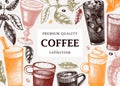 Hand-sketched coffee banner template in color. Vector sketches of mugs with aromatic caffeine drinks. With botanical coffee plants Royalty Free Stock Photo