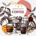 Hand-sketched coffee illustration in collage style. Vector sketches of mugs with aromatic caffeine drinks design. With botanical Royalty Free Stock Photo