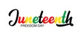 Hand sketched colorful JUNETEENTH word as banner. Lettering or modern calligraphy. Vector