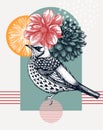 Hand-sketched  Fieldfare vector illustration. Perching bird with autumn flowers. Collage style illustration with florals, Royalty Free Stock Photo