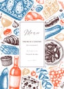 Hand sketched french cuisine picnic flyer template. Delicatessen food and drinks trendy background. Perfect for recipe, menu,