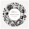 Hand sketched French cuisine vinatge design. Delicatessen food and drinks trendy background. Perfect for recipe, menu, label, icon