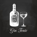 Hand sketched gin bottle and tonic glass. Alcoholic drink drawing on chalkboard. Vector illustration of cocktail.