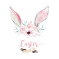 Hand sketched Happy Easter bunny typography lettering overlay poster with watercolor element. Modern calligraphy