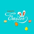 Hand sketched Happy Easter text with bunny ears and colored eggs Royalty Free Stock Photo